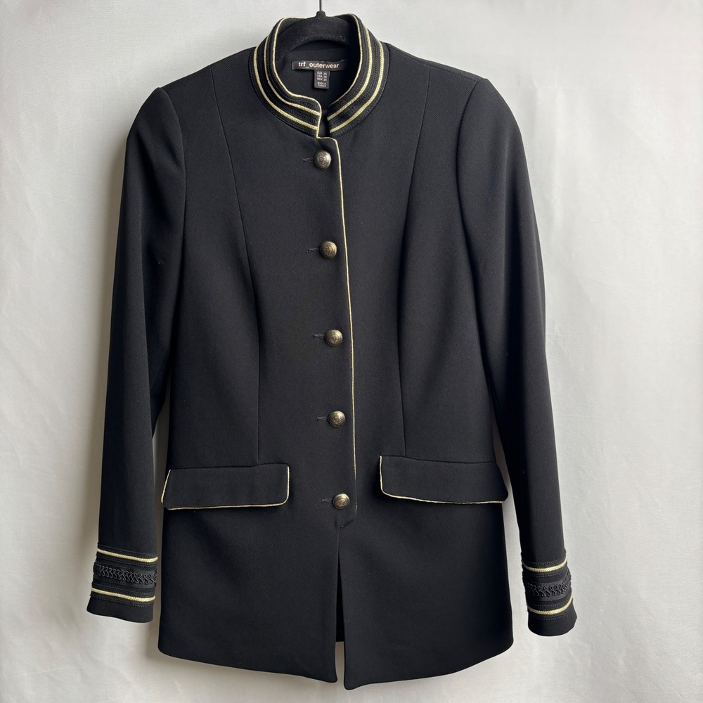 Zara TRF Black Military Band Jacket Gold Trim Crest Buttons XS Blazer Coat